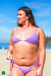 Adjustable, triangle style bikini top in ribbed lilac by Rooted Swim