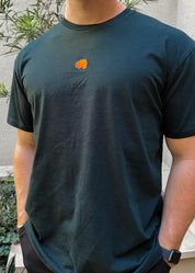 Rooted Swim Sunset Embroidered Tee Shirt in Pine Green. Includes red sun and dark green wave design.