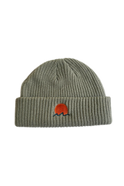 Classic cuffed knit fisherman beanie featuring embroidered Rooted Swim sunset logo in a soft green gray color. high quality knit beanie