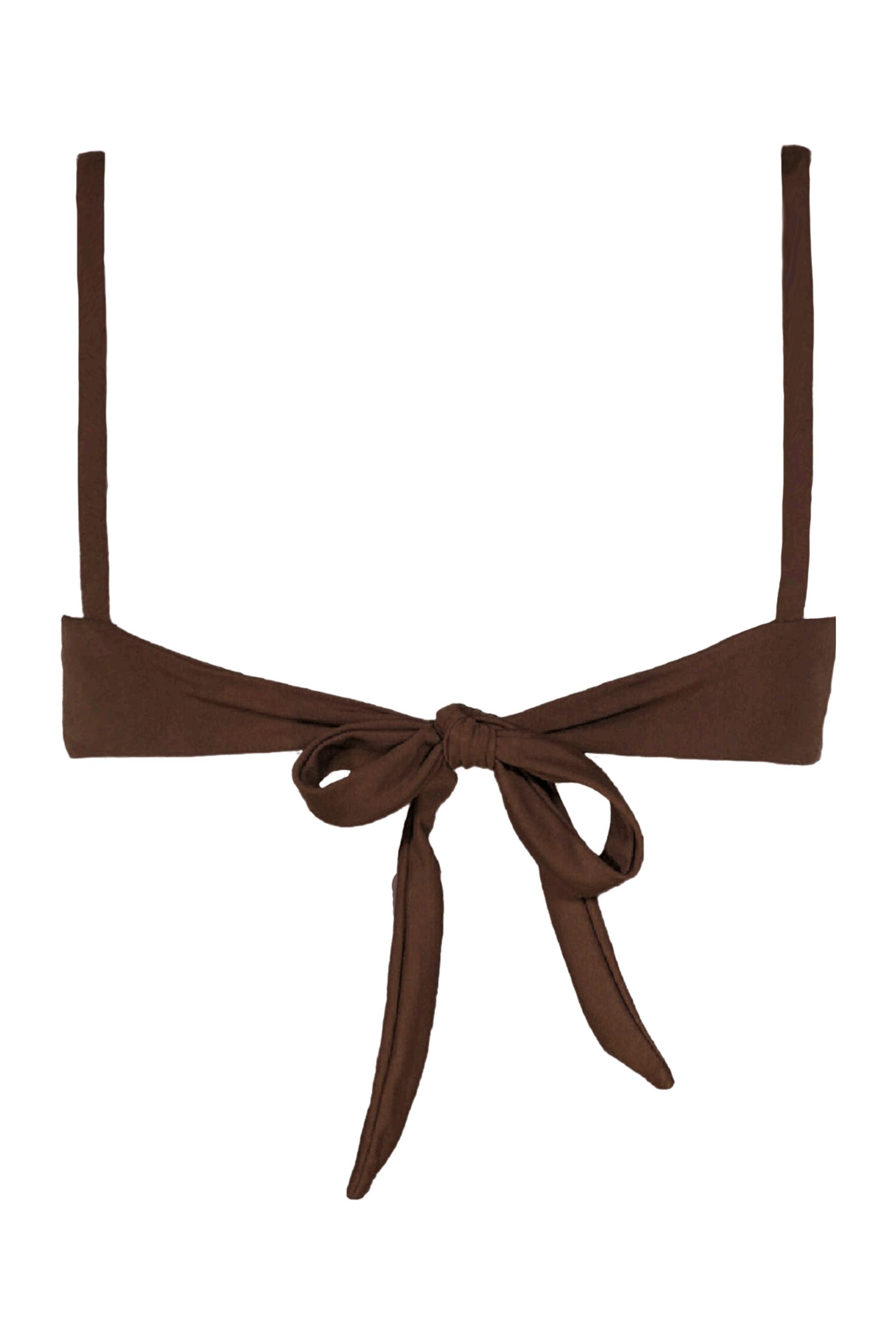Brown bikini top with straps on a white background