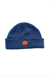 Classic cuffed knit fisherman beanie featuring embroidered Rooted Swim sunset logo in a blue gray color. high quality knit beanie