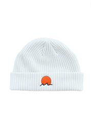 Classic cuffed knit fisherman beanie featuring embroidered Rooted Swim sunset logo in a shell soft white color. high quality knit beanie
