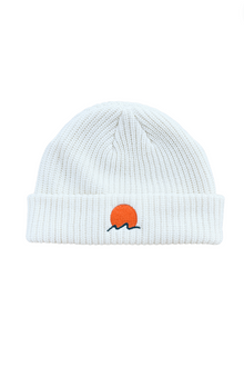  Classic cuffed knit fisherman beanie featuring embroidered Rooted Swim sunset logo in a shell soft white color. high quality knit beanie