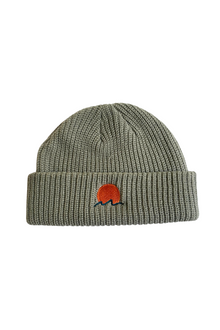  Classic cuffed knit fisherman beanie featuring embroidered Rooted Swim sunset logo in a soft green gray color. high quality knit beanie
